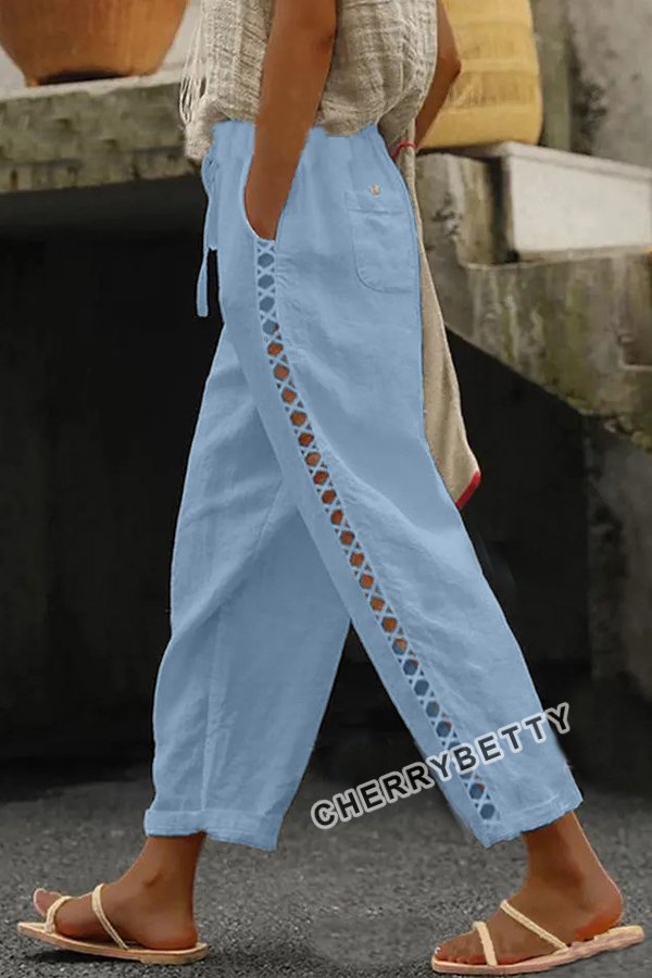 Casual Hollow Out Lace Patch Linen Pants