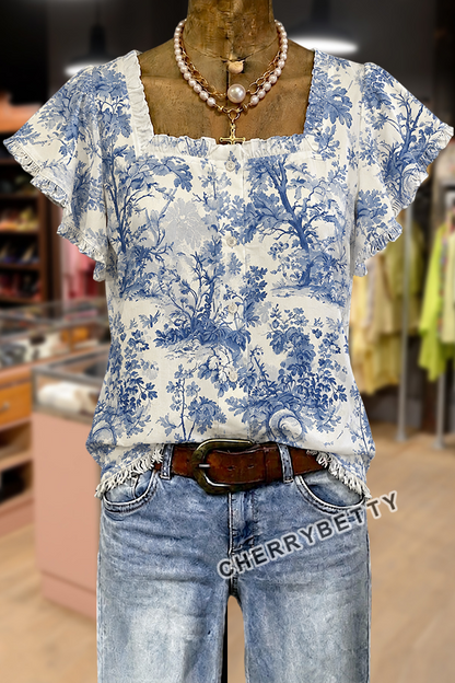 Vintage Botanical Print Ruffle Sleeve Frayed Hem Top