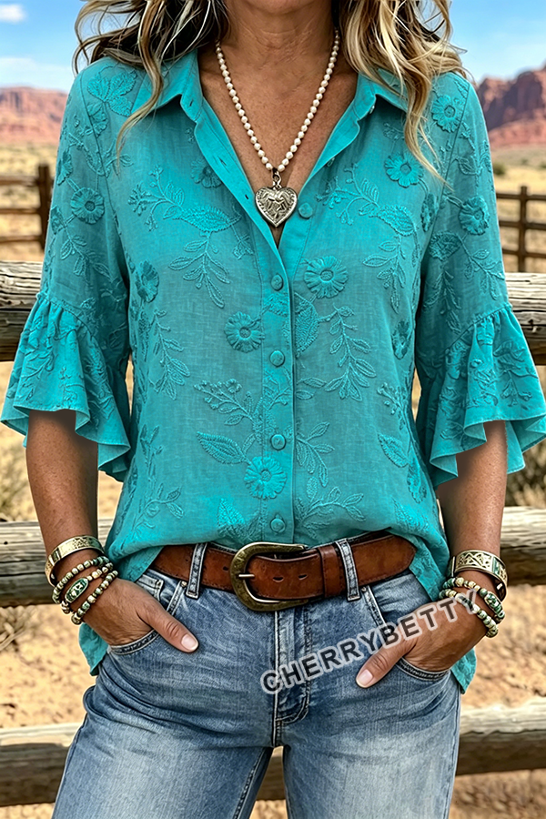 Vintage Flower Embroidered Ruffle Sleeve Cotton Top