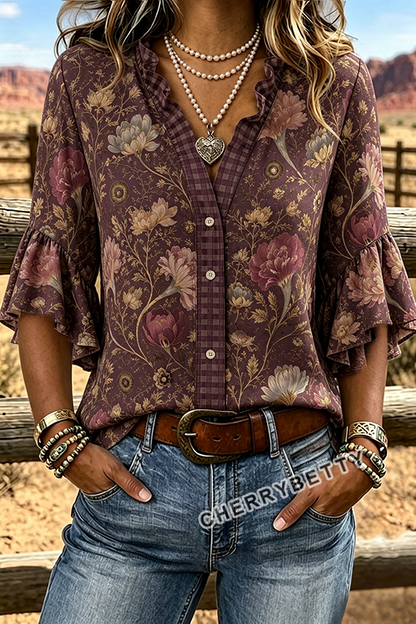 Retro Floral Print Gingham Ruffle Neck Top
