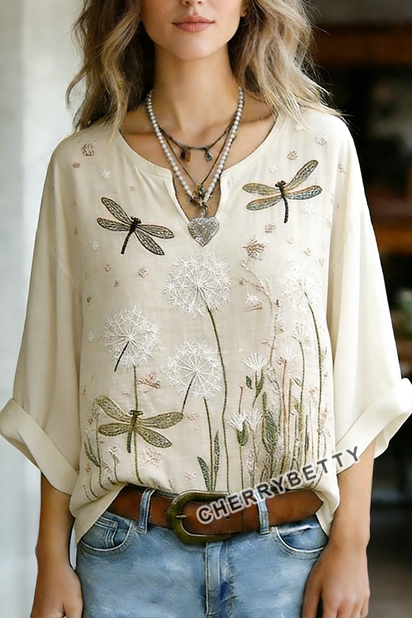 Vintage Floral Embroidered Notch Neck Half Sleeve Blouse