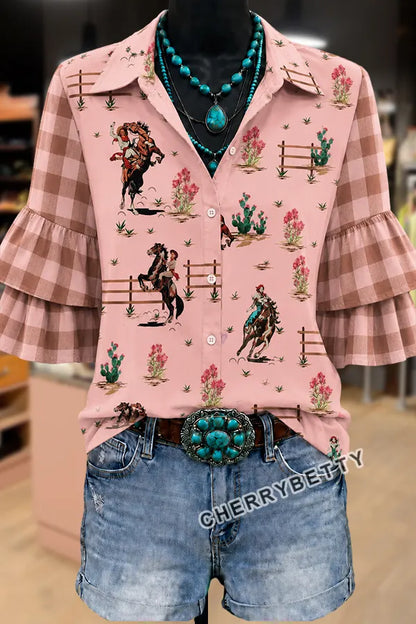 Western Cowboy Print Plaid Layered Ruffle Sleeve Top