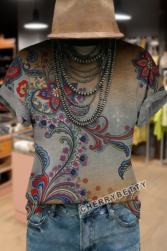 Retro Floral Print Short Sleeve T-Shirt