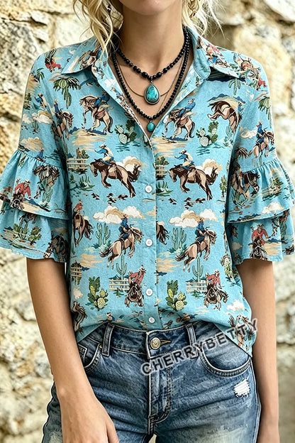Western Cowboy Print Layered Ruffle Sleeve Blouse