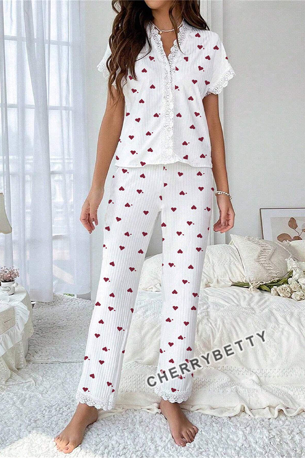 Cute Heart Print Lace Trim Cozy Pajama Set