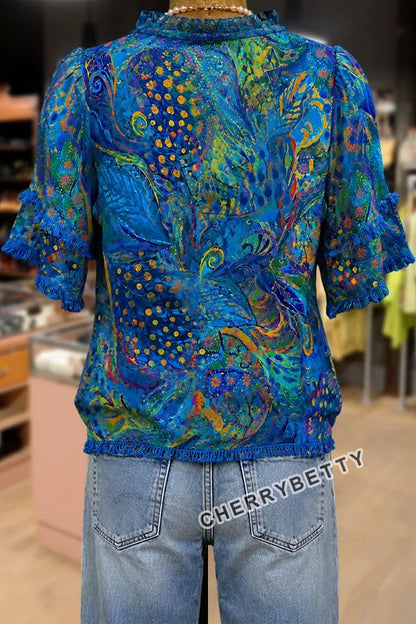 Vintage Paisley Print Collared Puff Sleeve Blouse