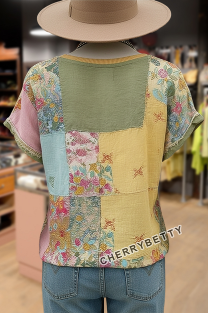 Retro Mixed Floral Patch V-Neck T-Shirt