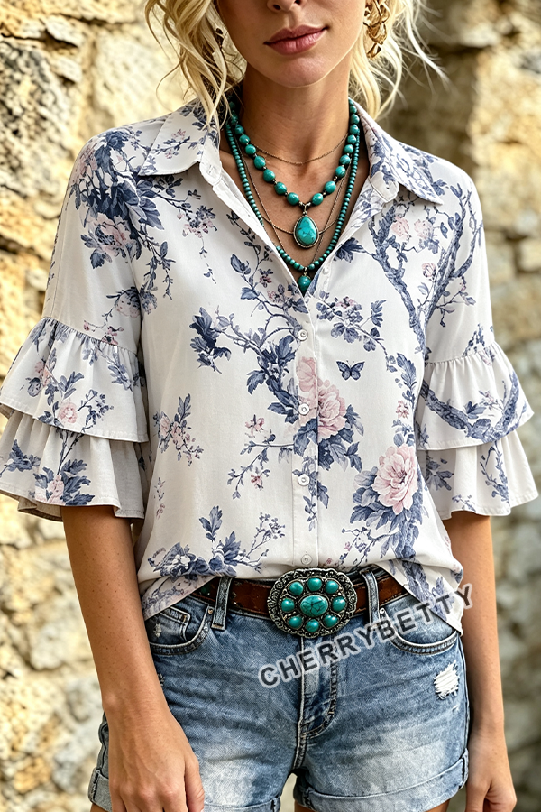 Retro Floral Print Layered Ruffle Sleeve Top