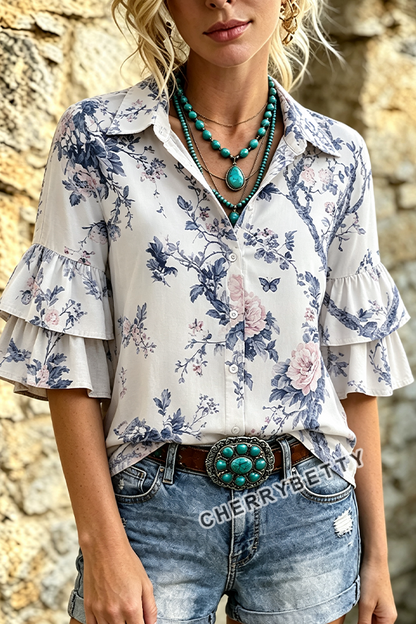 Retro Floral Print Layered Ruffle Sleeve Top