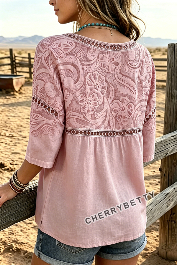 Retro Floral Print Hollow Out Top