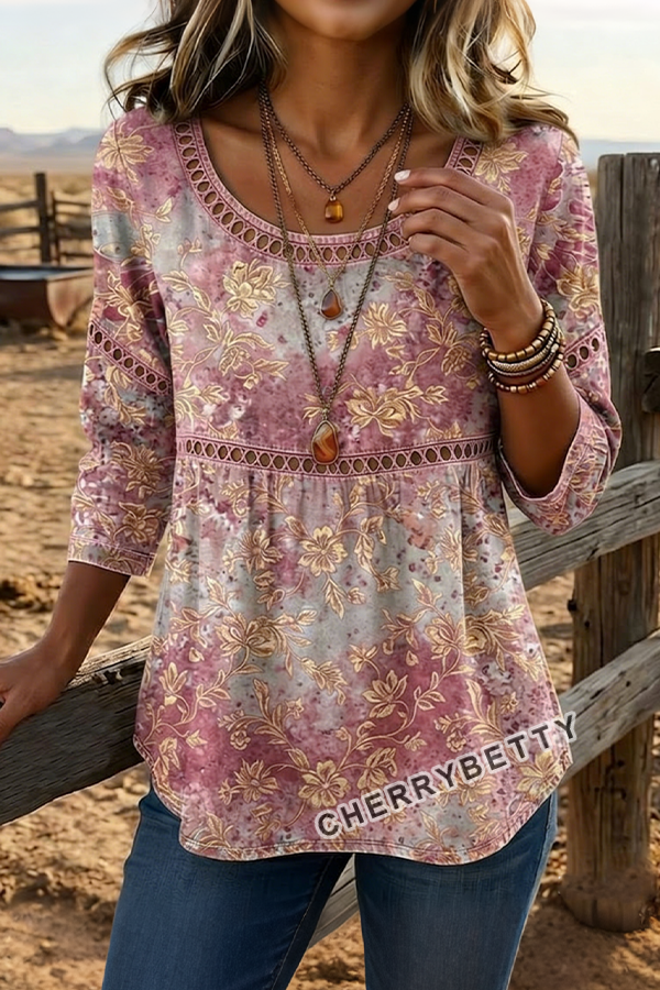 Vintage Floral Print Hollow Out Top