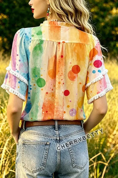 Colorful Polka Dot Print Ruffle Neck Frayed Hem Top