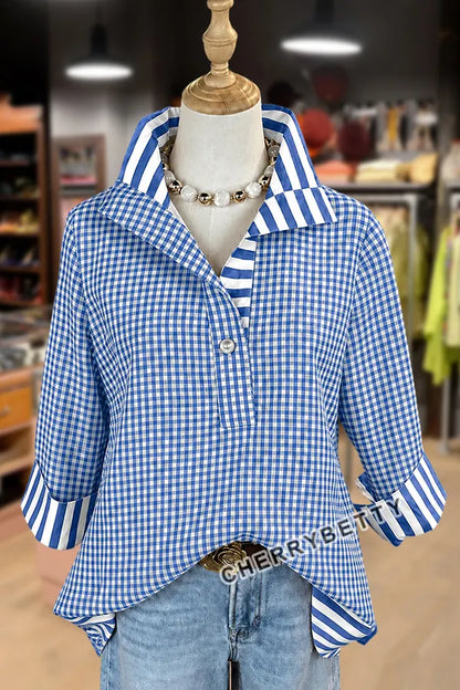 Classic Gingham Pattern Striped Collar Three Quater Sleeve Blouse