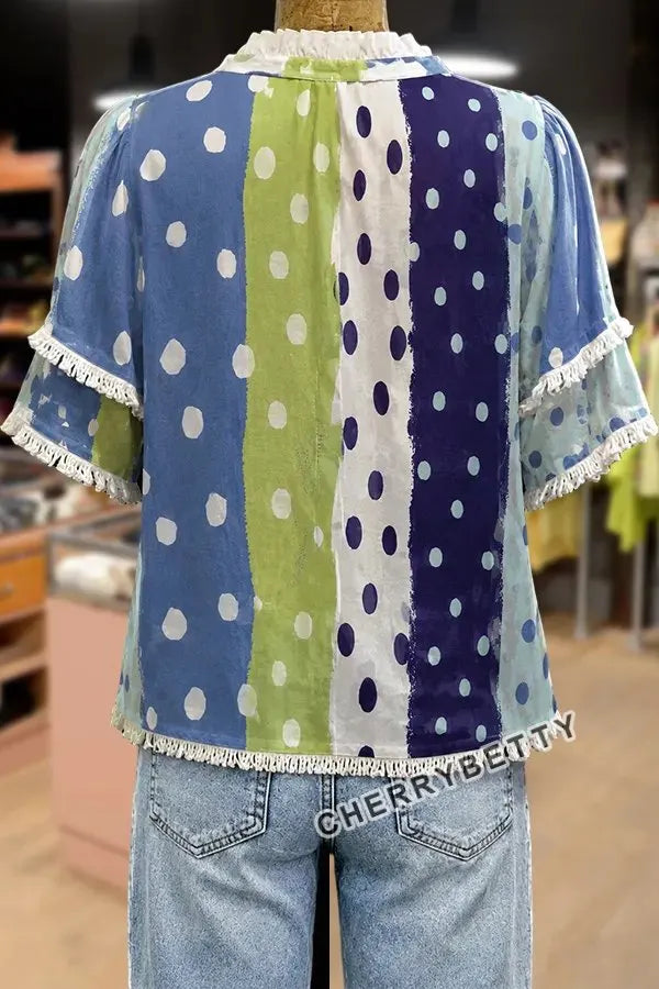 Mixed Polka Dot Print Ruffle Neck Frayed Hem Top