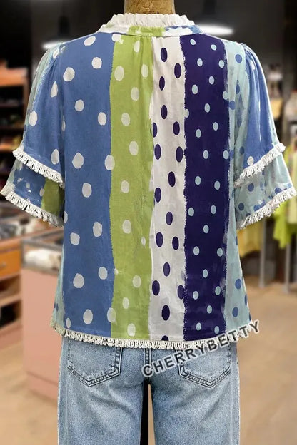 Mixed Polka Dot Print Ruffle Neck Frayed Hem Top