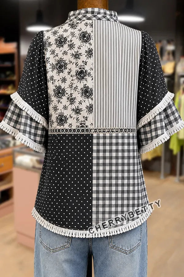 Mixed Floral Gingham Polka Dot  Print Ruffle Neck Frayed Hem Top