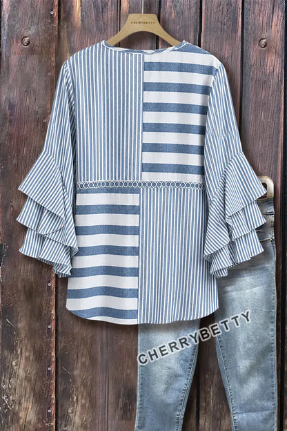 Mixed Striped Pattern Hollow Out Ruffle Sleeve Top