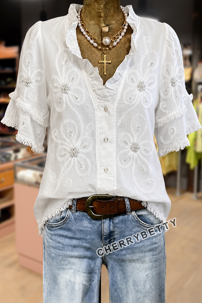 Chic Flower Embroidered Ruffle V-Neck Frayed Hem Top