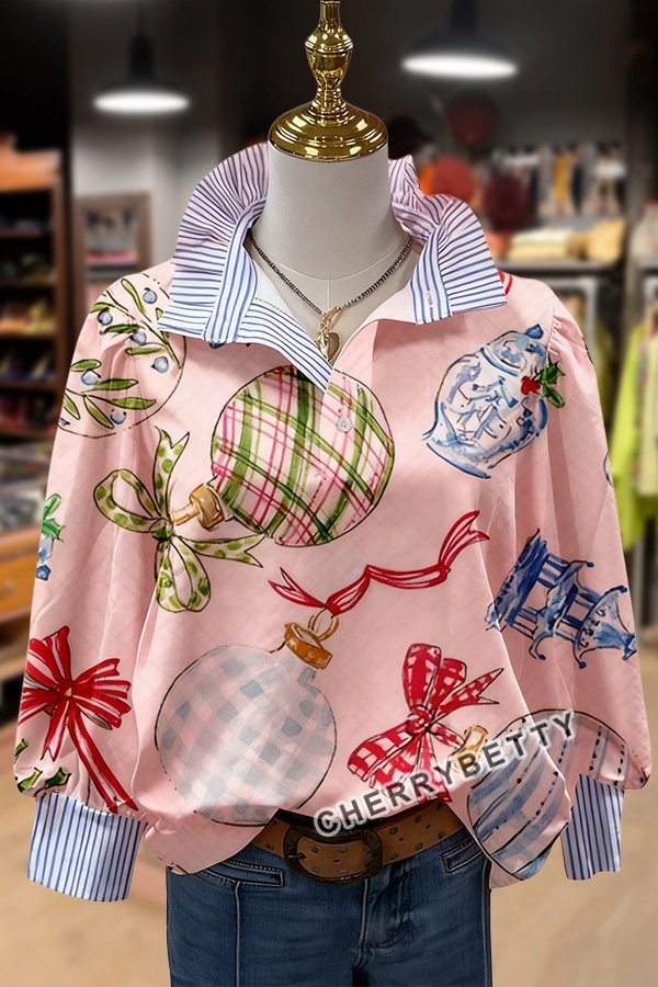 Christmas Ornaments Print Striped Collar Top