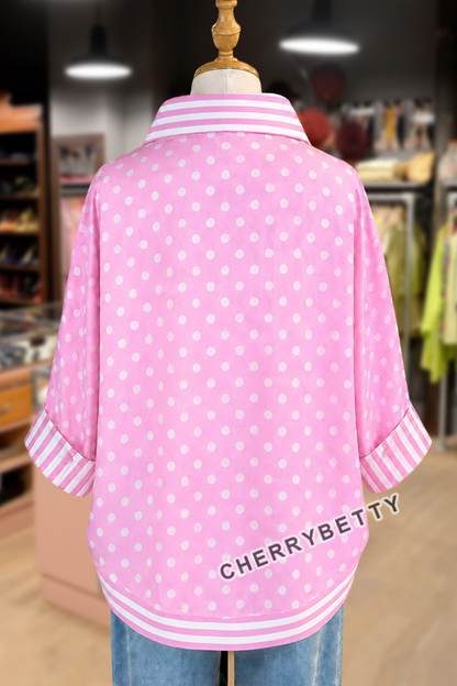 Mixed Polka Dot Print Striped Collar Three Quater Sleeve Blouse