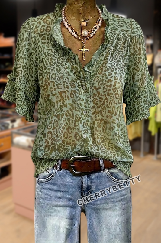 Vintage Leopard Print Ruffle Neck Top