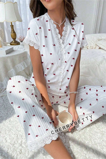 Cute Heart Print Lace Trim Cozy Pajama Set