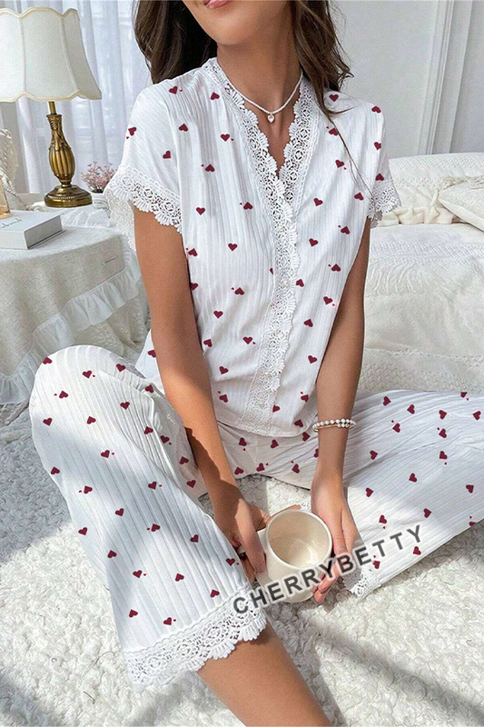 Cute Heart Print Lace Trim Cozy Pajama Set