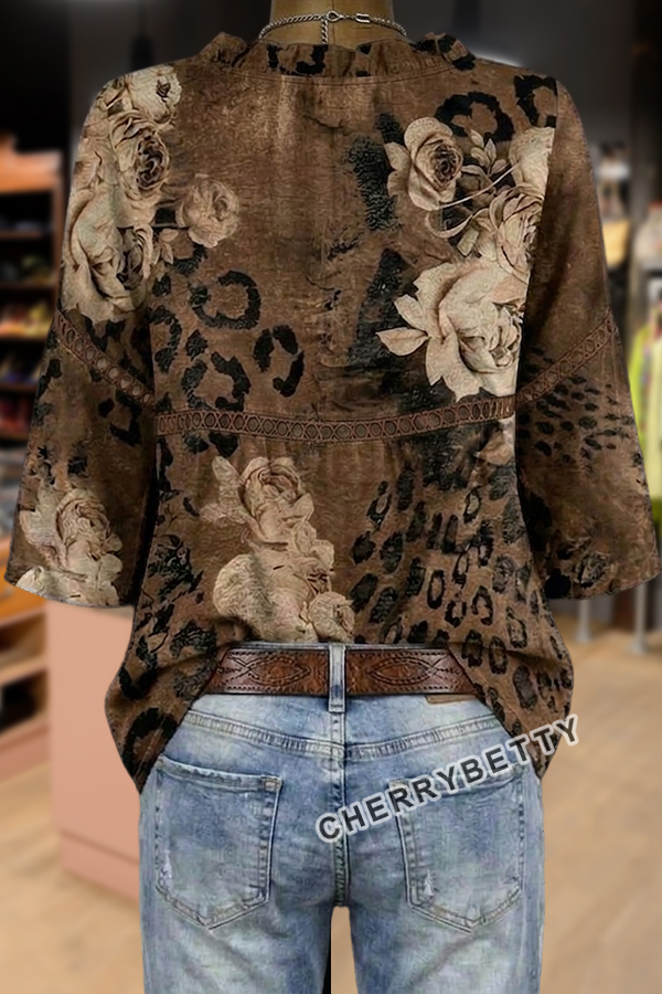 Mixed Leopard Floral Print V-Neck Hollow Out Top