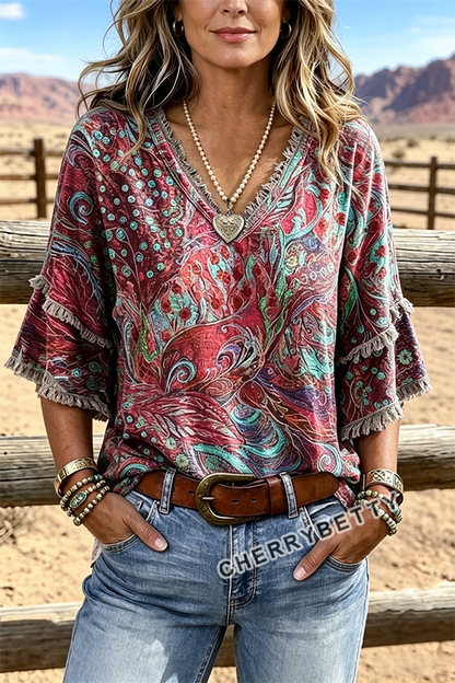 Vintage Paisley Print V-Neck Frayed Hem Top