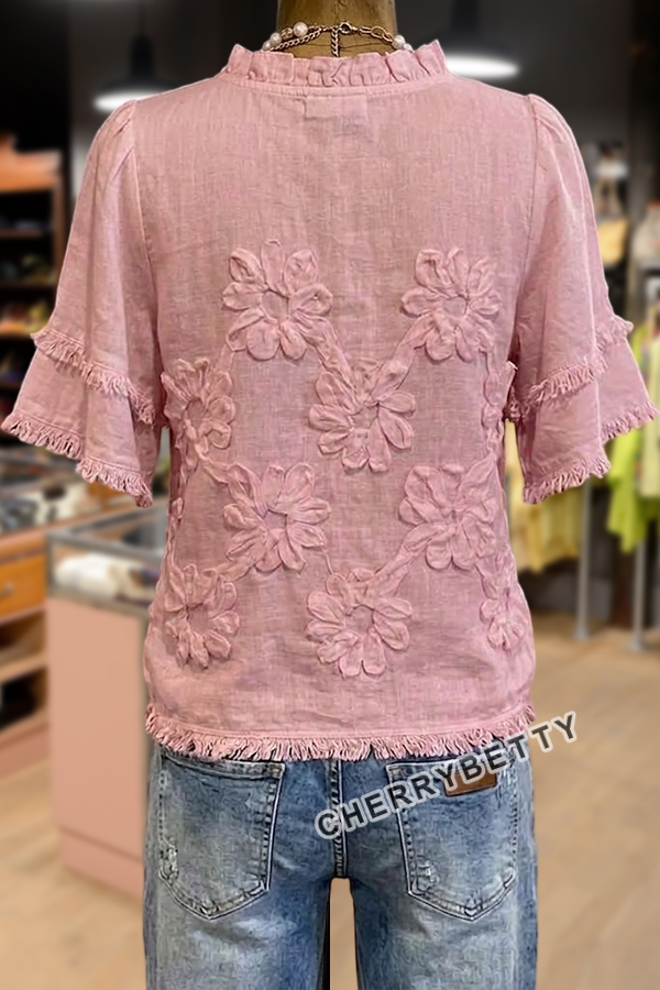 Feminine Flower Jacquard Ruffle Neck Frayed Hem Cotton Top