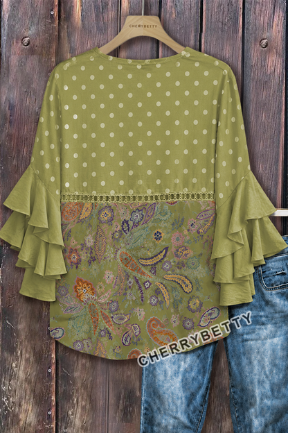 Retro Paisley Polka Dot Print Ruffle Sleeve Top