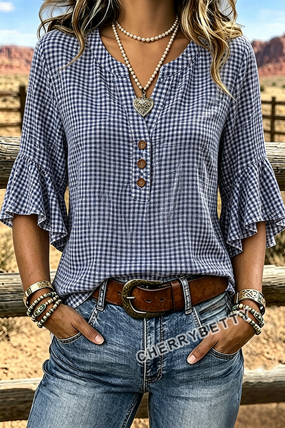 Classic Gingham Notch Neck Ruffle Sleeve Cotton Top