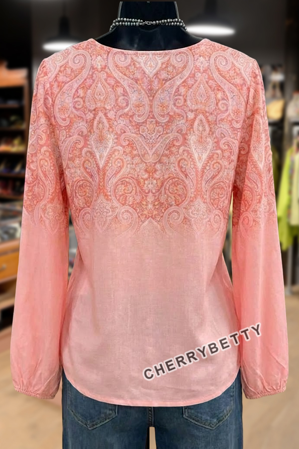 Retro Gradient Paisley Print V-Neck Blouse