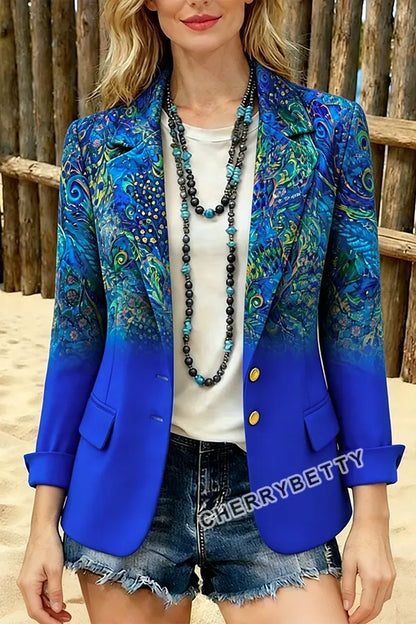 Colorful Peacock Print Long Sleeve Blazer