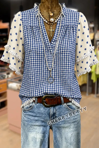 Mixed Patriotic Gingham Star Pattern Frayed Hem Top