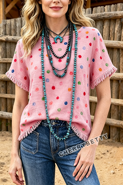 Colorful Polka Dot Print Side Slit Fringe Hem Top