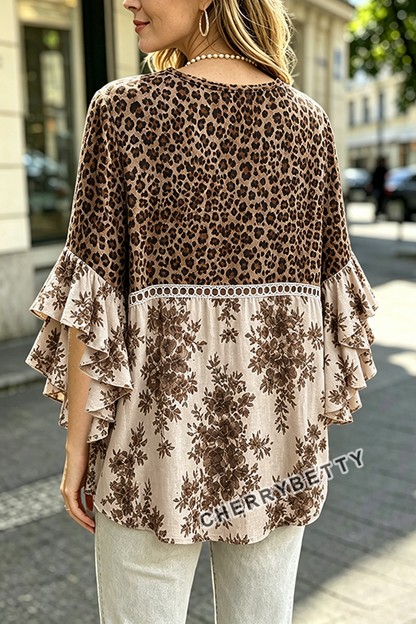 Vintage Leopard Floral Print Ruffle Sleeve Hollow Out Top