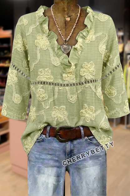 Vintage Floral Embroidered V-Neck Hollow Out Top