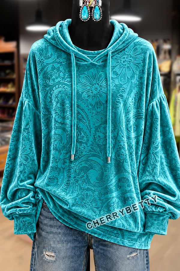 Vintage Western Floral Print Velvet Hoodie Top