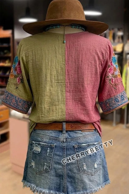 Retro Flower Embroidered V-Neck Short Sleeve Cotton Top