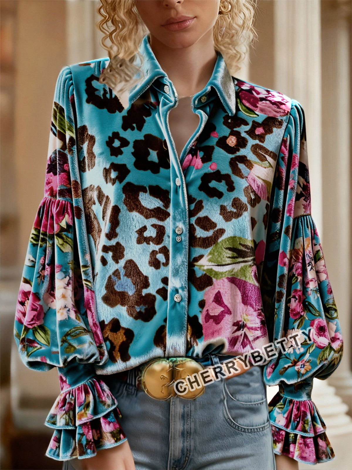 Leopard Floral Print Button Up Velvet Top