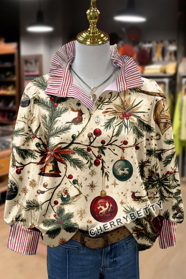 Mixed Christmas Print Striped Neck Top