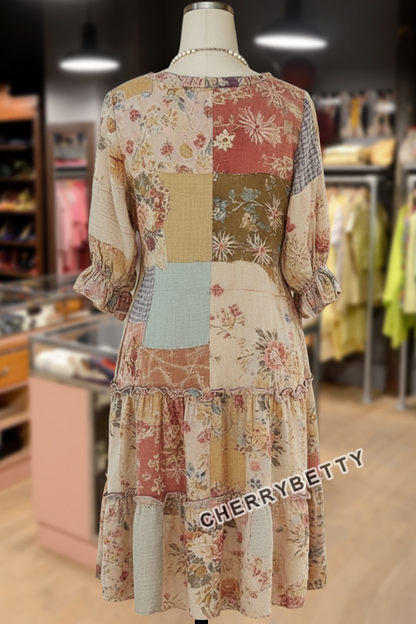 Vintage Mixed Floral Patch Print  Half Sleeve Midi Dress
