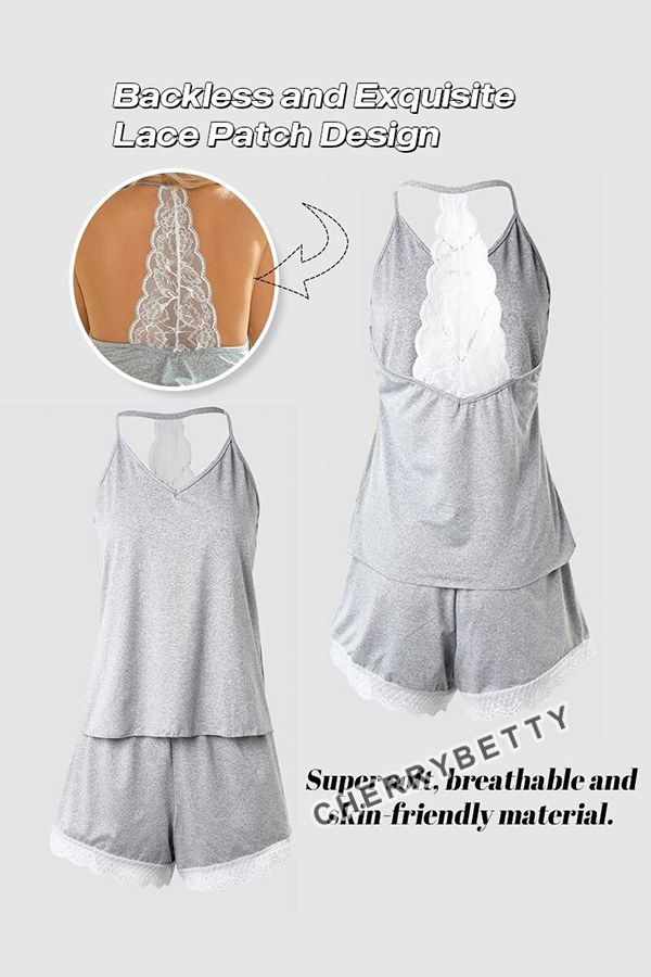 Casual Lace Patch Backless Cami Top And Shorts Set Pajams Set Sleepwear