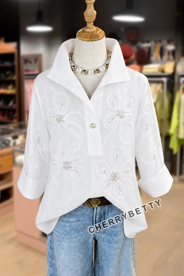 Feminine Flower Embroidered Collared Three Quater Sleeve Blouse