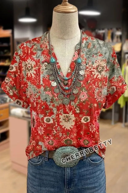 Floral Print Button Detailed V-Neck Top