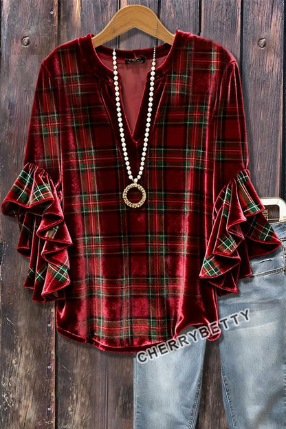Plaid V-Neck Ruffle Sleeve Velvet Top