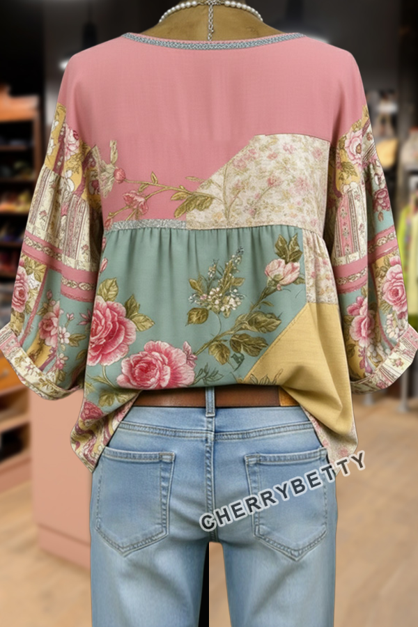 Retro Mixed Floral Print V-Neck Half Sleeve Top