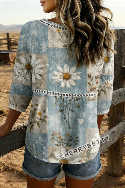Vintage Floral Print Hollow Out Top