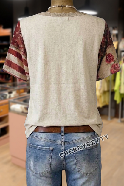 Retro American Flag Print V-Neck  Cotton Top